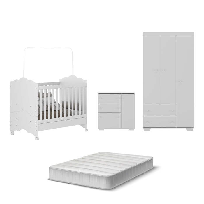 Cuna 3 en 1 Blanco + Colchón + Cómoda y Ropero Infantil Blanco