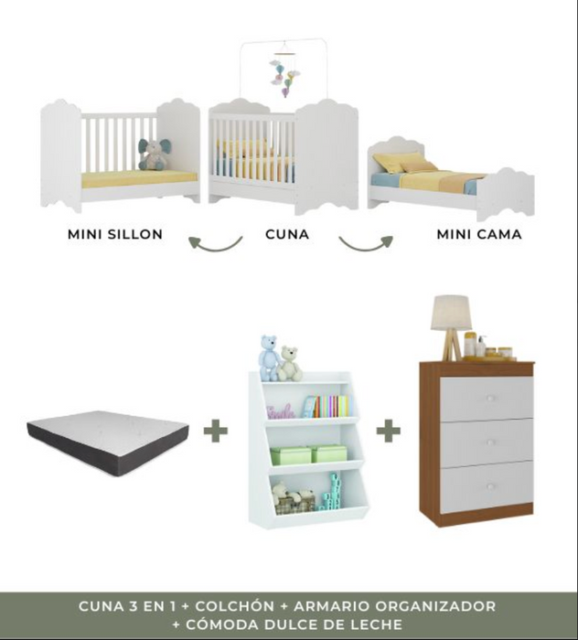 Combo Crece con tu bebé: Cuna 3 en 1 + Colchón + Armario Organizador + Cómoda Dulce de Leche