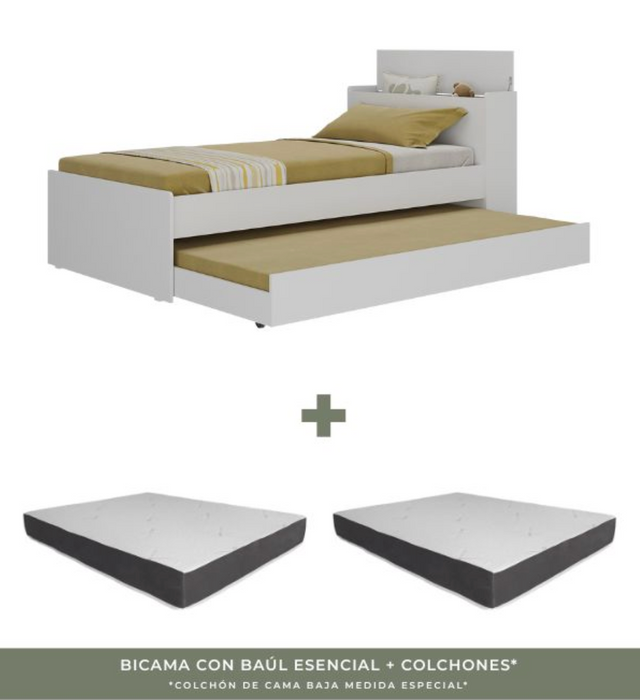 Combo Dúo Compácto: Bicama con Baúl Esencial Individual Blanco + Colchones