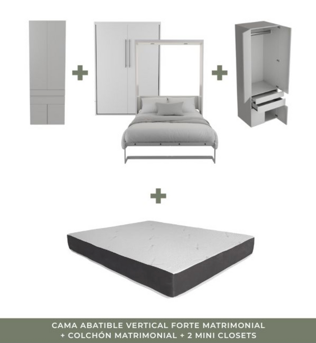 Combo Abatible + Closets: Cama Abatible Vertical Forte Matrimonial + Colchón + 2 Mini closets (De Repisas o Tubo)