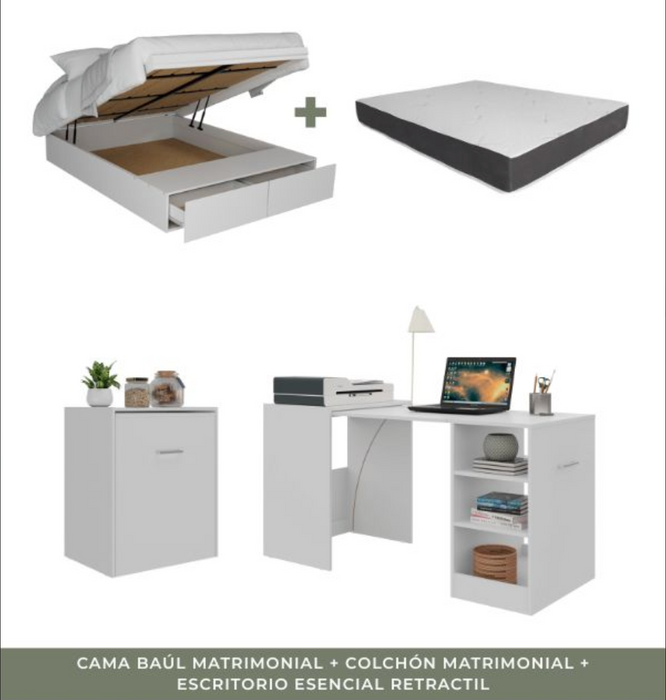 Combo Estudio Plus: Cama Baúl Forte Matrimonial Blanca + Colchón Matrimonial + Escritorio Esencial