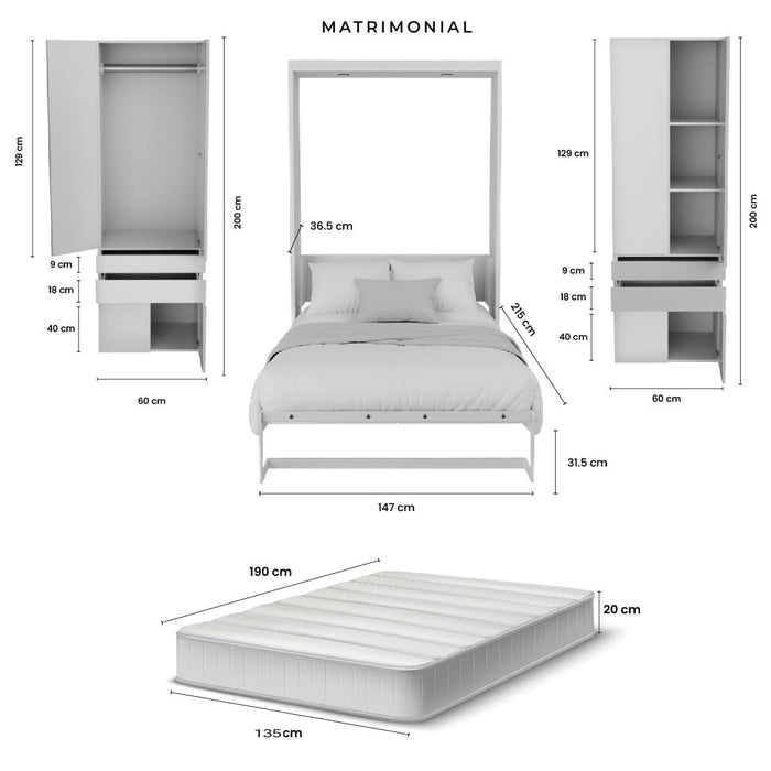 Combo Abatible + Closets: Cama Abatible Vertical Forte Matrimonial + Colchón + 2 Mini closets (De Repisas o Tubo)