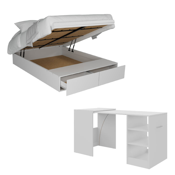 Combo Estudio Plus: Cama Baúl Forte Matrimonial Blanca + Colchón Matrimonial + Escritorio Esencial
