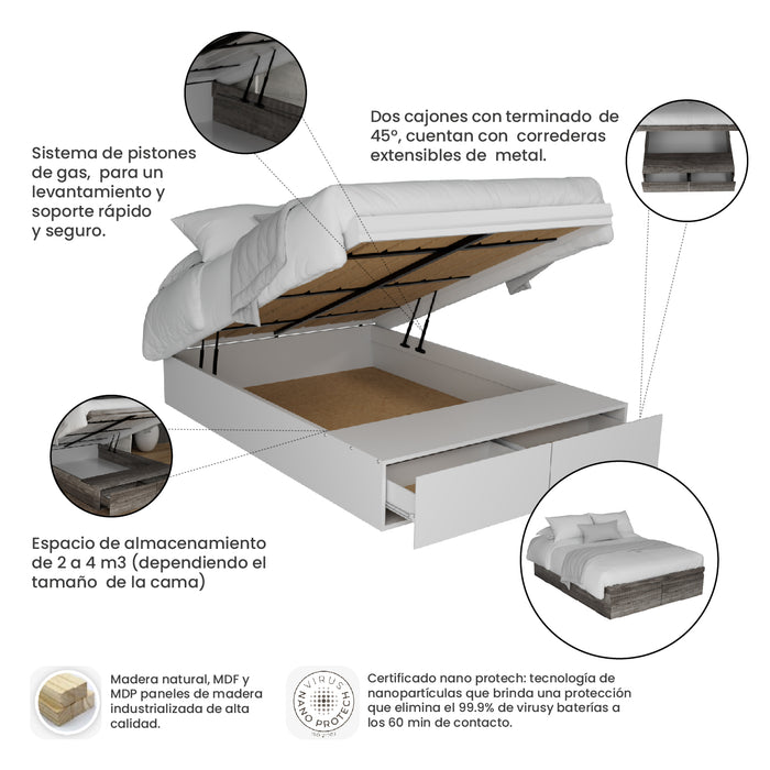 Combo Estudio Plus: Cama Baúl Forte Matrimonial Blanca + Colchón Matrimonial + Escritorio Esencial