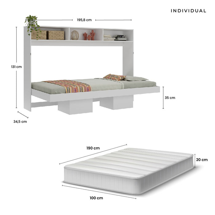 Cama Abatible Horizontal Sencilla con repisas Esencial Individual Blanco + Colchón