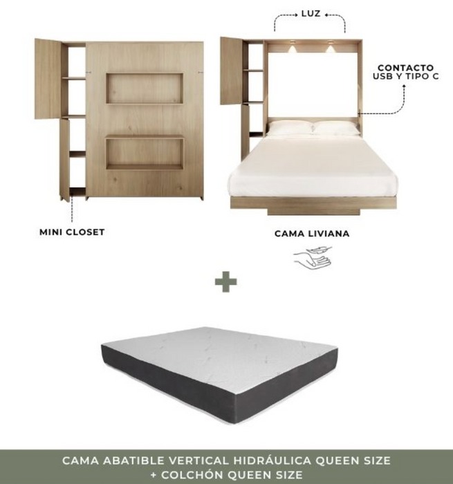 Combo: Cama Abatible Vertical Hidráulica + Colchón