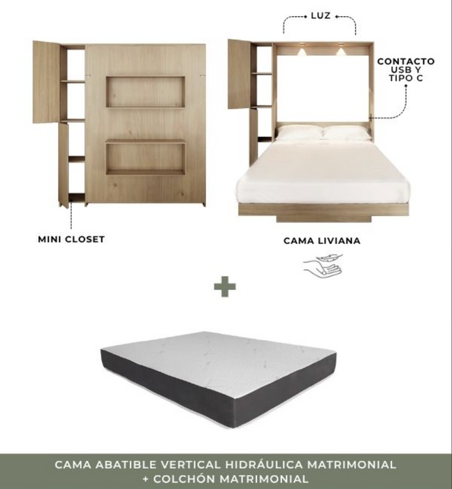 Combo: Cama Abatible Vertical Hidráulica + Colchón
