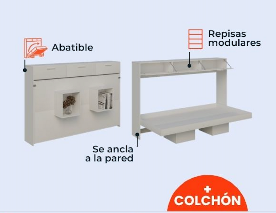 Combo: Cama Abatible Horizontal Individual con repisas y puertas + Colchón