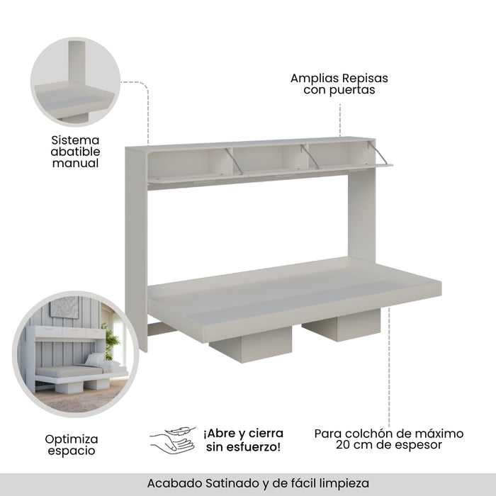 Combo: Cama Abatible Horizontal Individual con repisas y puertas + Colchón