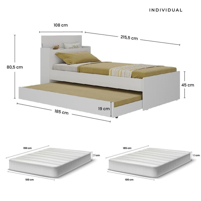 Combo Dúo Compácto: Bicama con Baúl Esencial Individual Blanco + Colchones