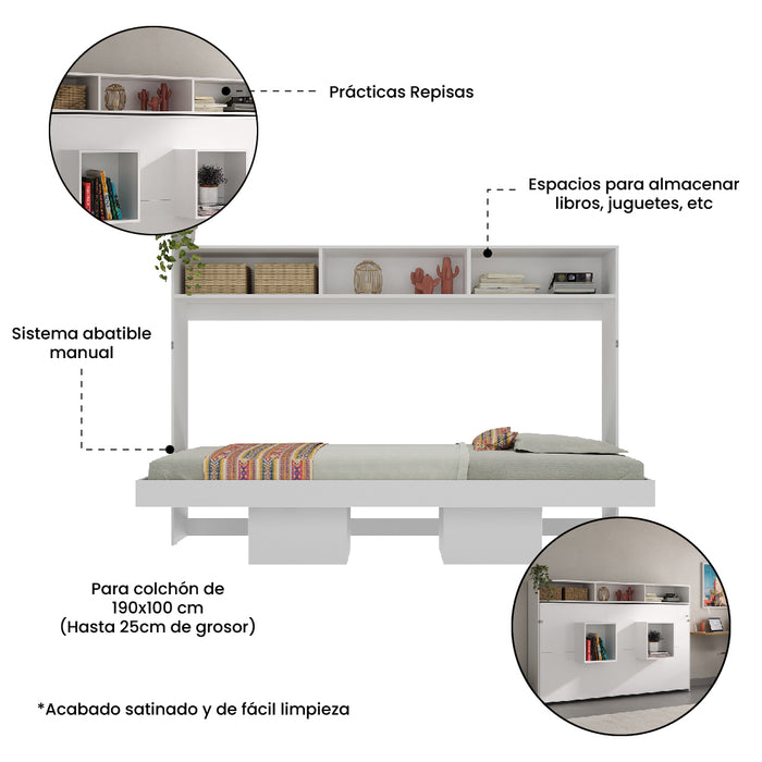 Cama Abatible Horizontal Sencilla  con Repisa